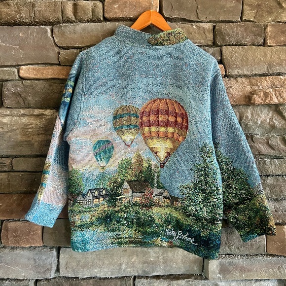 Sugar Street Weavers VTG 80 Cottagecore Boho Tapestry Hot Air Balloon Art Jacket - Picture 2 of 9